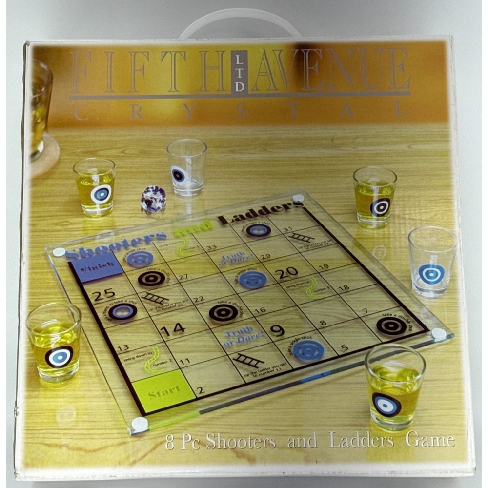 Shooters and Ladders Drinking Game 8 Pc Fifth Avenue Crystal Glass Board Set Box